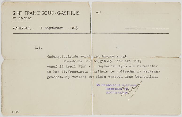 Reference - Theodorus Perdon From St Franciscus Hospital, Rotterdam, The Netherlands, 1 Sep 1945