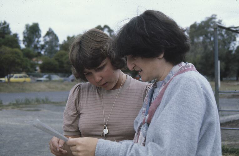 Slide - Eastbridge Language Centre, Dr June Factor & Colleague in Playground, circa 1980