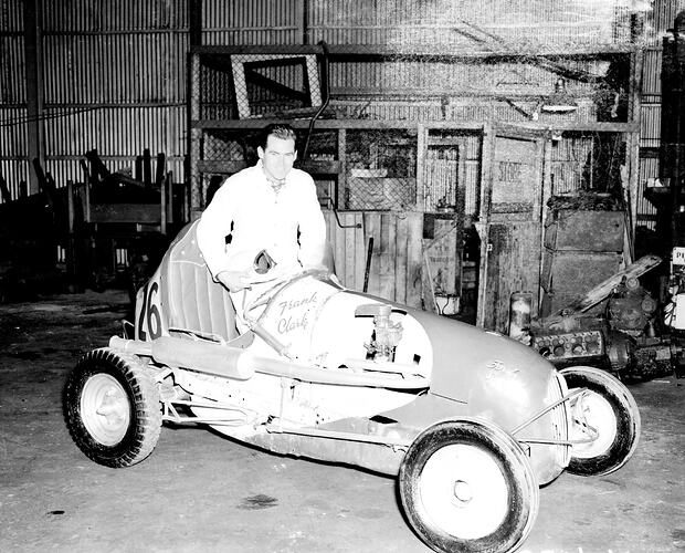 MR CLARKE & RACING CAR AT STH. MELBOURNE