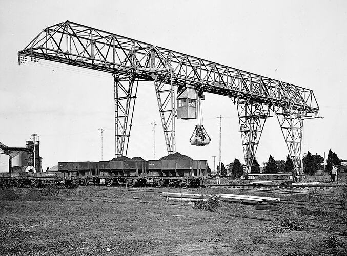 Overhead travelling crane unloading coal, Newport Power Station, pre 1918.