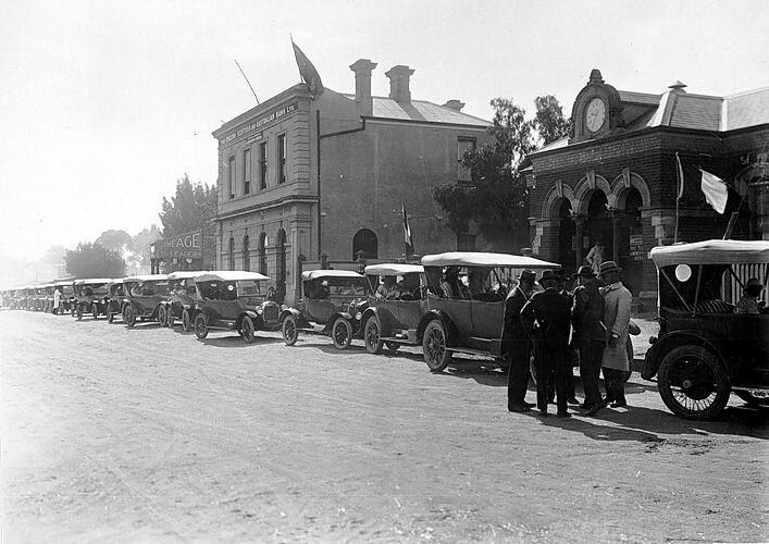 Motor Cars Assembling in Main Street for 'Back To' Road Tour, Natimuk, Victoria, 1 Mar 1924