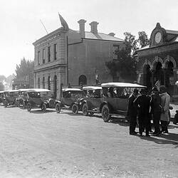 Negative - Motor Cars Assembling in Main Street for 'Back To' Road Tour, Natimuk, Victoria, 1 Mar 1924