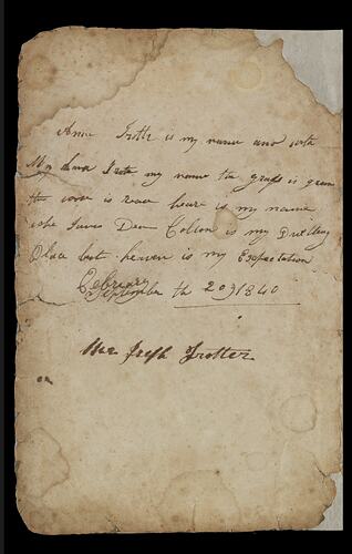Page 1 of an unbound book of folded paper leaves. Handwritten cursive text.
