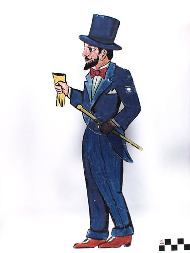 Two dimensional acrylic puppet of a man with a blue suit, top hat and yellow cane.
