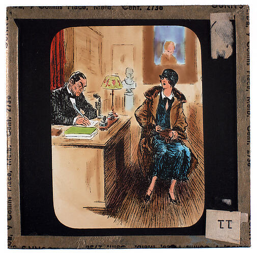 Lantern Slide - Universal Opportunity League, Man and Woman Sitting at Desk