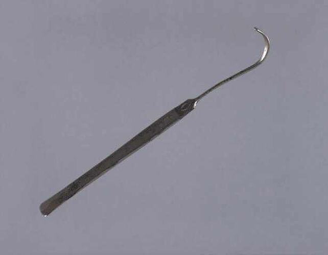 Metal curved needle, with long flat handle.