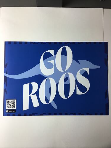 Blue poster with white printed text over pale blue kangaroo.