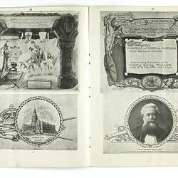 Printed double page of booklet,  in black and white with black and white photographs and illustrations.