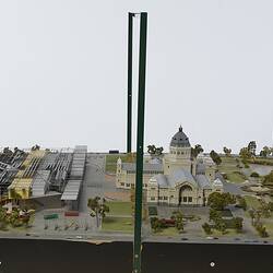 Model of Melbourne Museum, Royal Exhibition Building and Carlton Gardens. View from east.