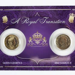 Coins - 2 Dollars, 'A Royal Transition', Queen Elizabeth II & King Charles III Commemorative Card, Max Stern, Melbourne, 2024