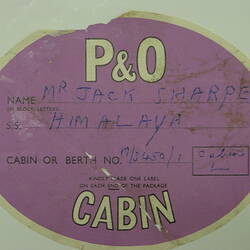 Baggage Label - P&O "Cabin" (with handwriting "Mr Jack Sharpe, Himalaya")