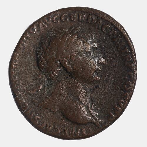 Round coin with wreathed male head facing right. Text around.