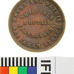 Token - 1 Penny, Brown & Duthie, Ironmongers, New Plymouth, New Zealand, 1866