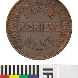Token - 1 Penny, R. Grieve, Wholesale & Retail Grocers, Eaglehawk, Victoria, Australia, 1862