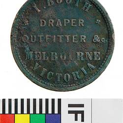 Token - 1 Penny, I. Booth & Co, Draper & Outfitter, Melbourne, Victoria, Australia, circa 1853