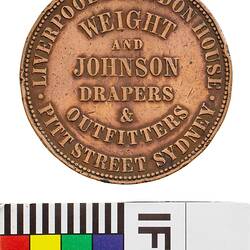 Token - 1 Penny, Weight & Johnson, Drapers & Outfitters, Sydney, New South Wales, Australia, circa 1857