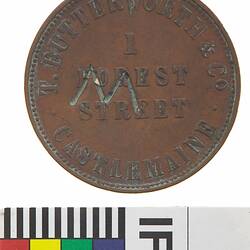 Surcharged Token - 1 Penny, T. Butterworth & Co, Drapers, Grocers & General Provision Merchants, Castlemaine, Victoria, 1859, 'W M', Australia