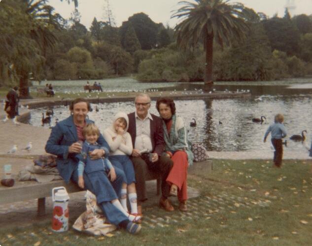 Digital Photograph - Two Girls, Father & Grandparents at Royal Botanic Gardens, South Yarra, 1979