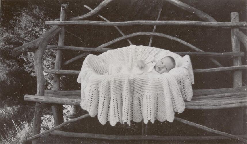 Digital Photograph - Baby in Basket on Homemade Seat, Garden, Smiths Gully, 1948