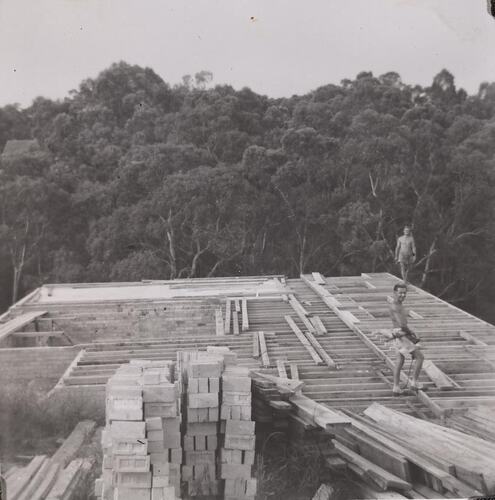 Digital Photograph - View of Foundations & Timber Floor Frame, House Building Site, Greensborough, circa 1958