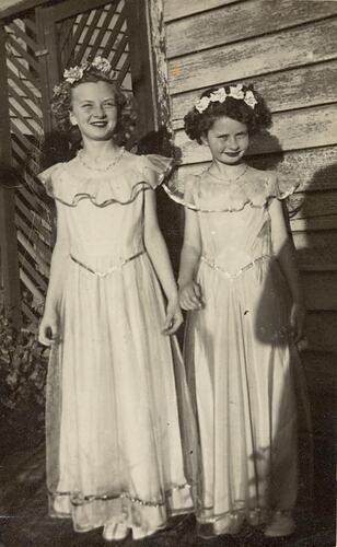 Digital Photograph - Two Girls in Long Dresses & Flower Wreaths, Kingsville Primary School Break Up Concert, circa 1950