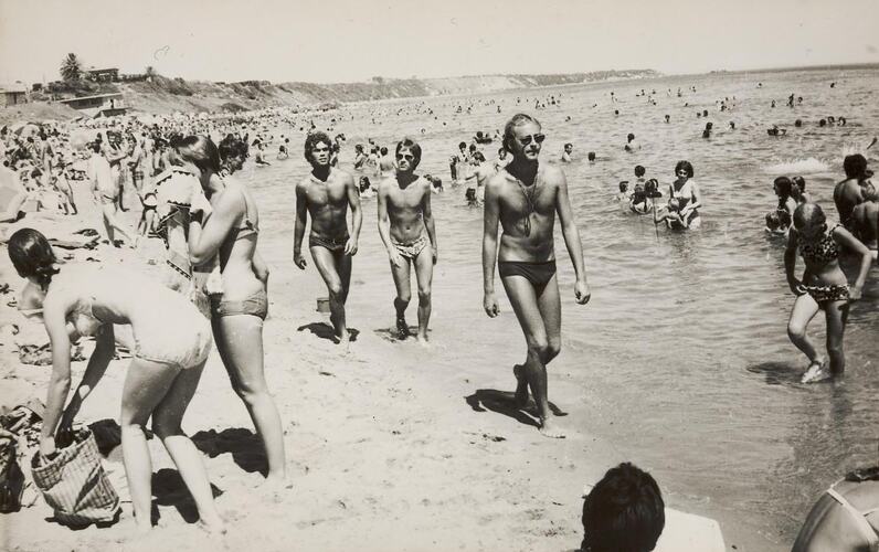 Digital Photograph - Men Walking through Crowd at Abbott Street Beach, Sandringham, 1970