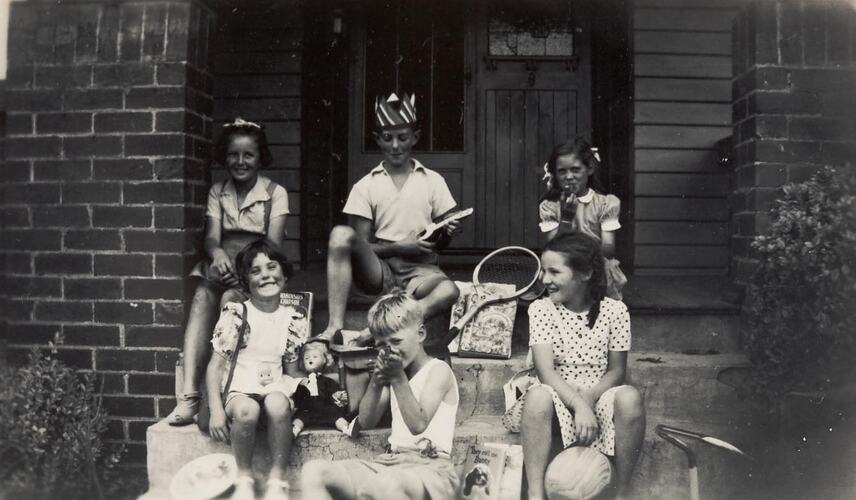 Digital Photograph - Three Boys & Three Girls with Christmas Presents, Front Step of Family Home, Ivanhoe, 1950