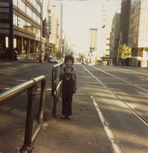 Digital Photograph - Boy Waiting for Tram, Corner Queen & Bourke Streets, Melbourne, circa 1980