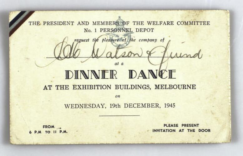 Invitation Card - Leading Aircraftman Watson & Friend, RAAF, Dinner