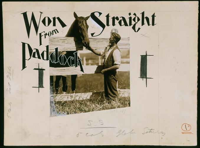 Printers proof, photograph man and horse, black text.