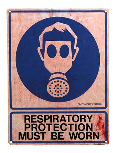 Graphic sign, blue face wearing mask, text below. Discoloured pale red background.