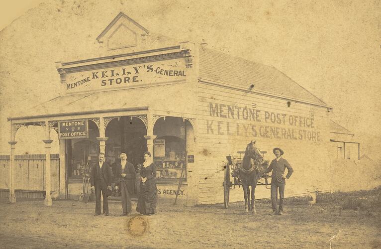 Family outside Kelly's General Store & Mentone Post Office, Mentone, 1899