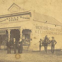 Digital Photograph - Family outside Kelly's General Store & Mentone Post Office, Mentone, 1889