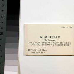 Business Card -Karl Muffler, The Embassy Cake Shop, 1935-1938
