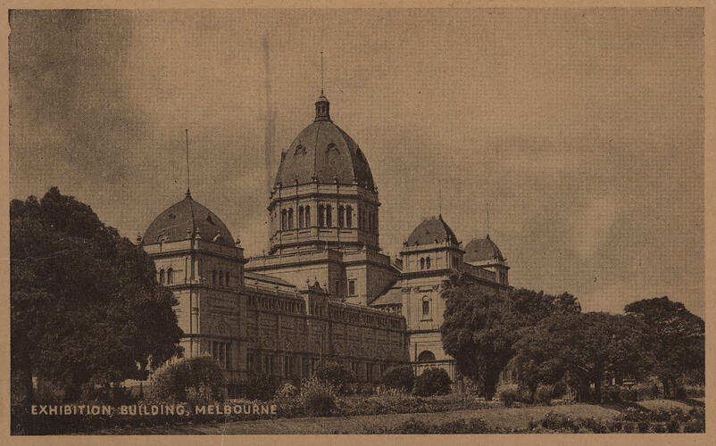 Postcard - South West Facade, Exhibition Building, JS Pty Ltd, Melbourne, circa 1910