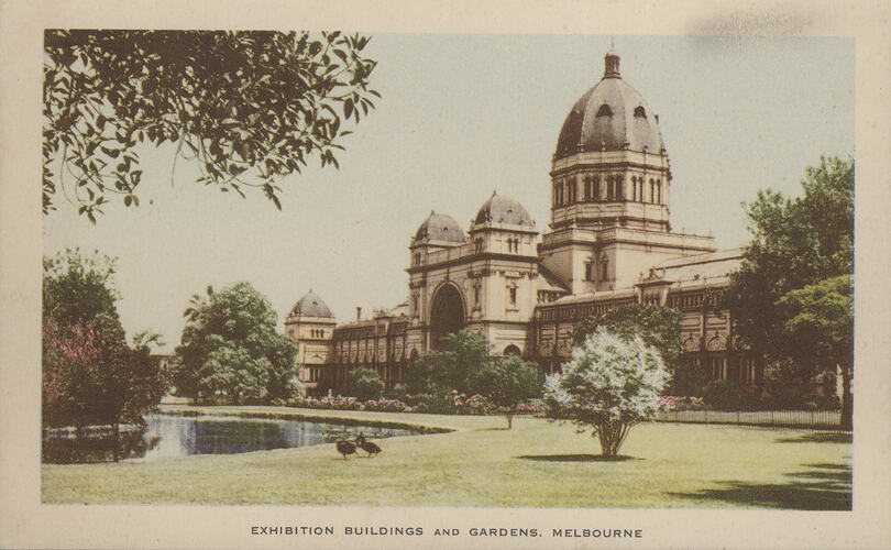 Postcard - Southern Facade, Exhibition Building, Nucolorvue Productions, Melbourne, 1947-1955