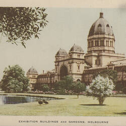 Postcard - Southern Facade, Exhibition Building, Nucolorvue Productions, Melbourne, 1947-1955