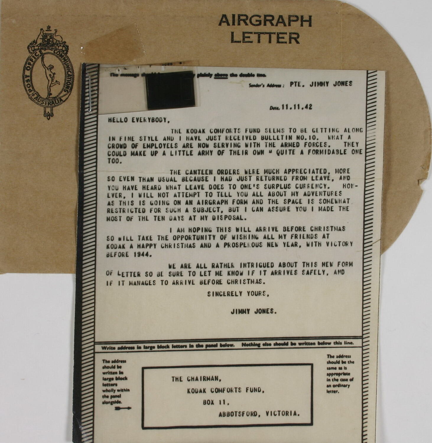 Letter Airgraph Letter, Private Jimmy Jones to Chairman of Kodak