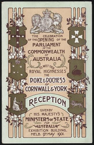 Decorative menu. Green and pink page. Six shields form border. Coat of Arms at top.