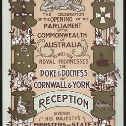 Decorative menu. Green and pink page. Six shields form border. Coat of Arms at top.