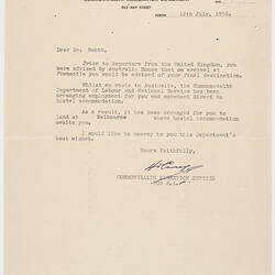Letter - Notification of Destination in Australia, 1956