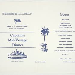 Menu - SS Australis, 21st Apr 1972