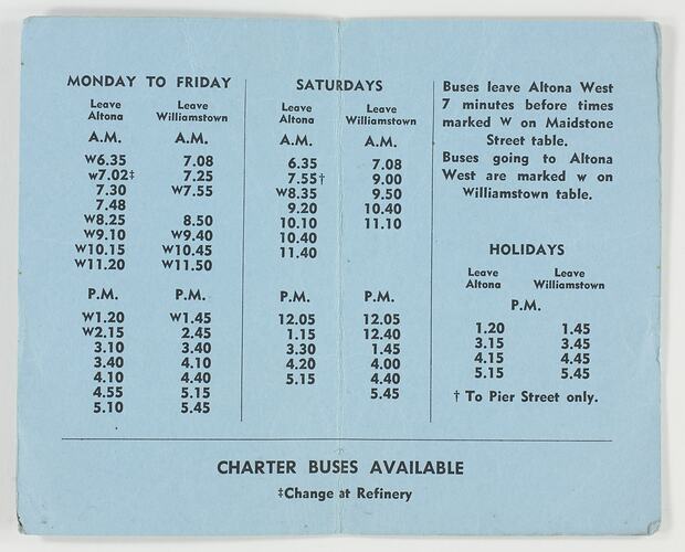Timetable - Altona Bus Lines, 1965