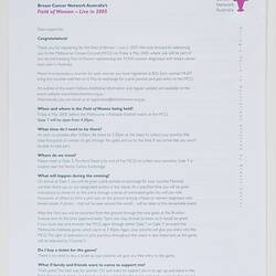 Letter - Breast Cancer Network Australia,  to Dear Supporter, Registration for Field of Women Live, 2005