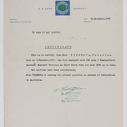Certificate - International Refugee Organization, 1949