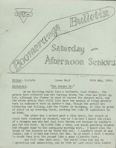 Newsletter - Boomerangs Bulletin, Young Mens Christian Association, Melbourne, 26 May1956