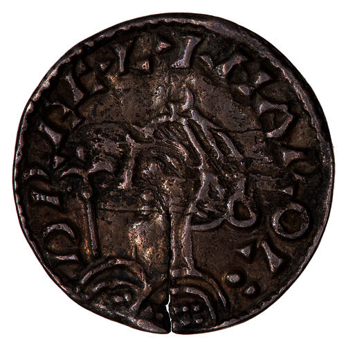 Coin, round, Diademed bust of King Harold I wearing armour with shield and sceptre in front facing left.