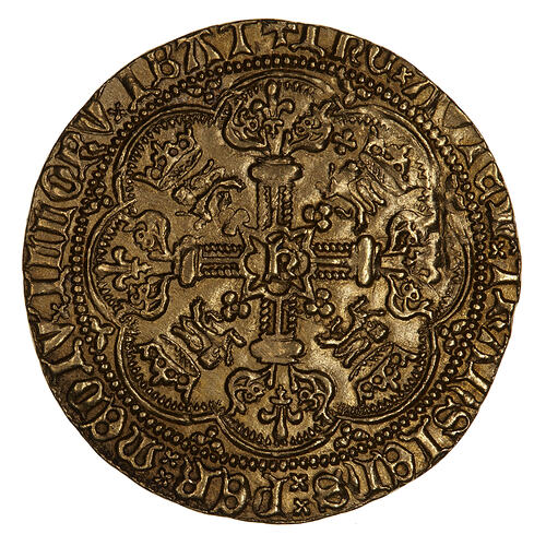 Coin, round, at the centre the letter h over a floriated cross, in each angle a lion passant below a crown.