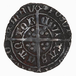 Coin, round, long cross pattee divides legend, three pellets in each angle; text around, POSV.