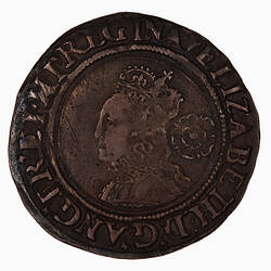 Coin, round, Crowned bust of Queen, wearing ruff and embroidered dress facing left; behind, rose; text around.